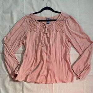 Wet Seal Dusty Rose Lace-Yoke Long Sleeve Peasant Blouse